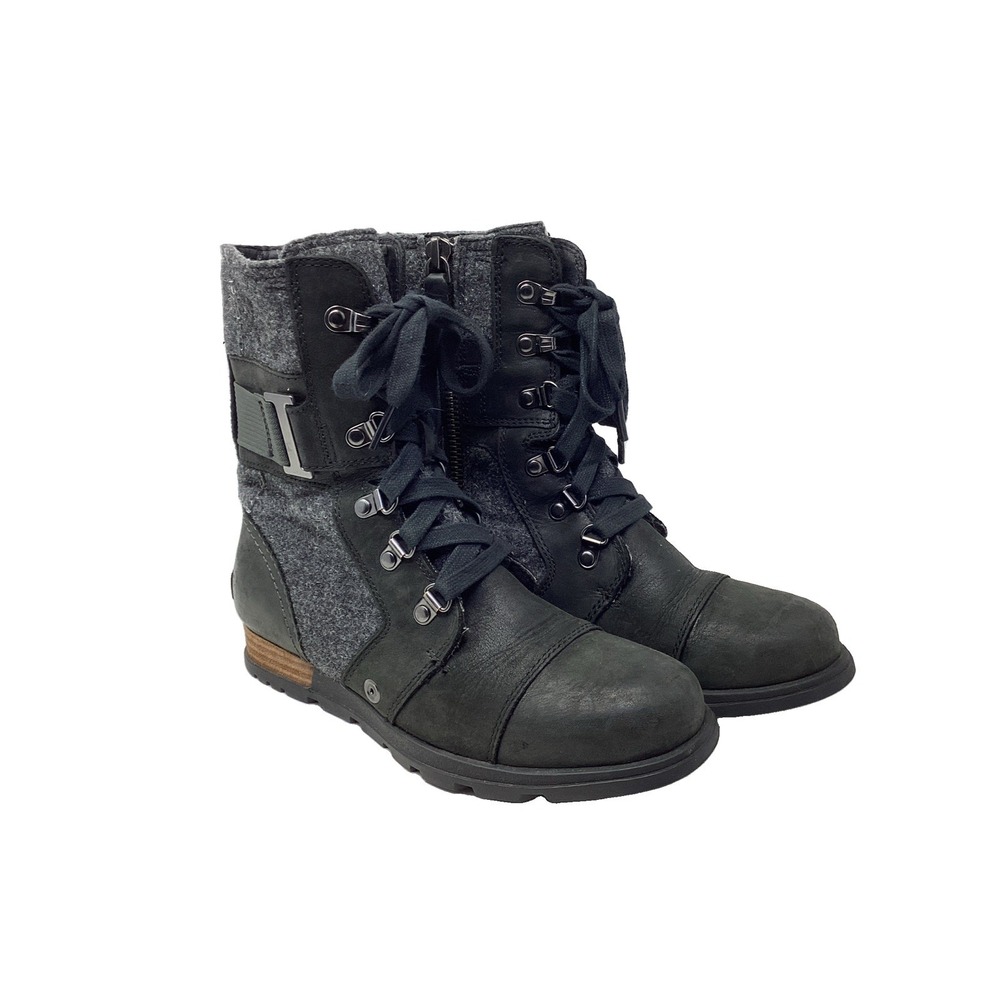 Sorel Major Carly Black Leather Gray Wool Zip Combat Boots Women 6.5 NL2324-010